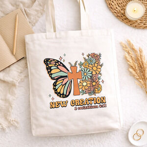 New Creation Canvas Tote Bag | Christian Tote | Butterfly Cross Floral Bag |